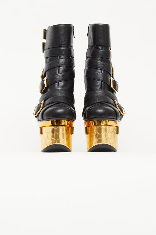 Versace Black & Gold Buckled Triple Platform Boot