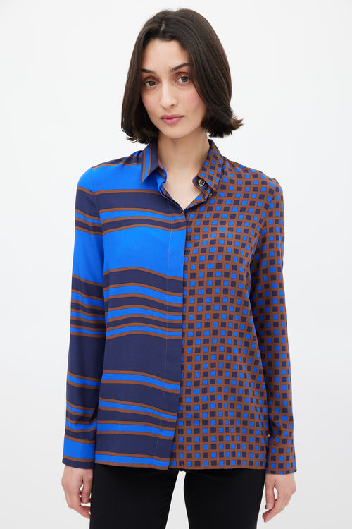 Versace Blue & Brown Silk Geometric Split Shirt