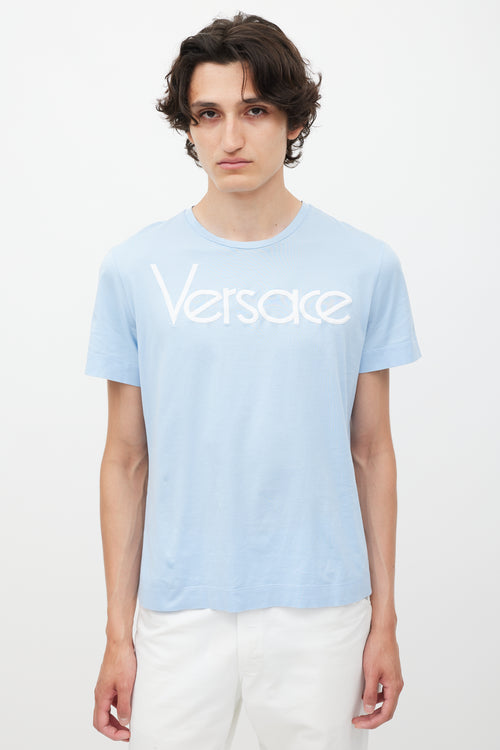 Versace Blue & White Emrboidered Logo T-Shirt