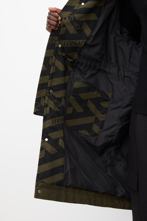 Versace Green & Black Hooded Monogram Coat