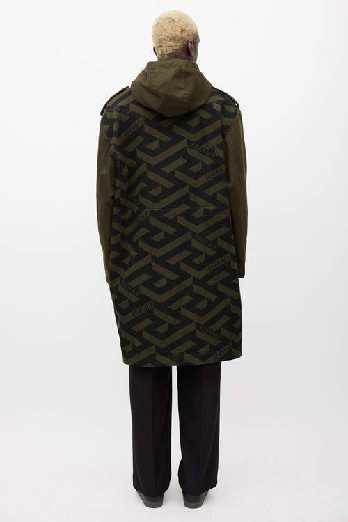 Versace Green & Black Hooded Monogram Coat