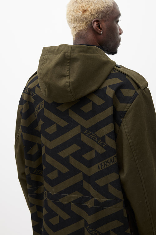 Versace Green & Black Hooded Monogram Coat