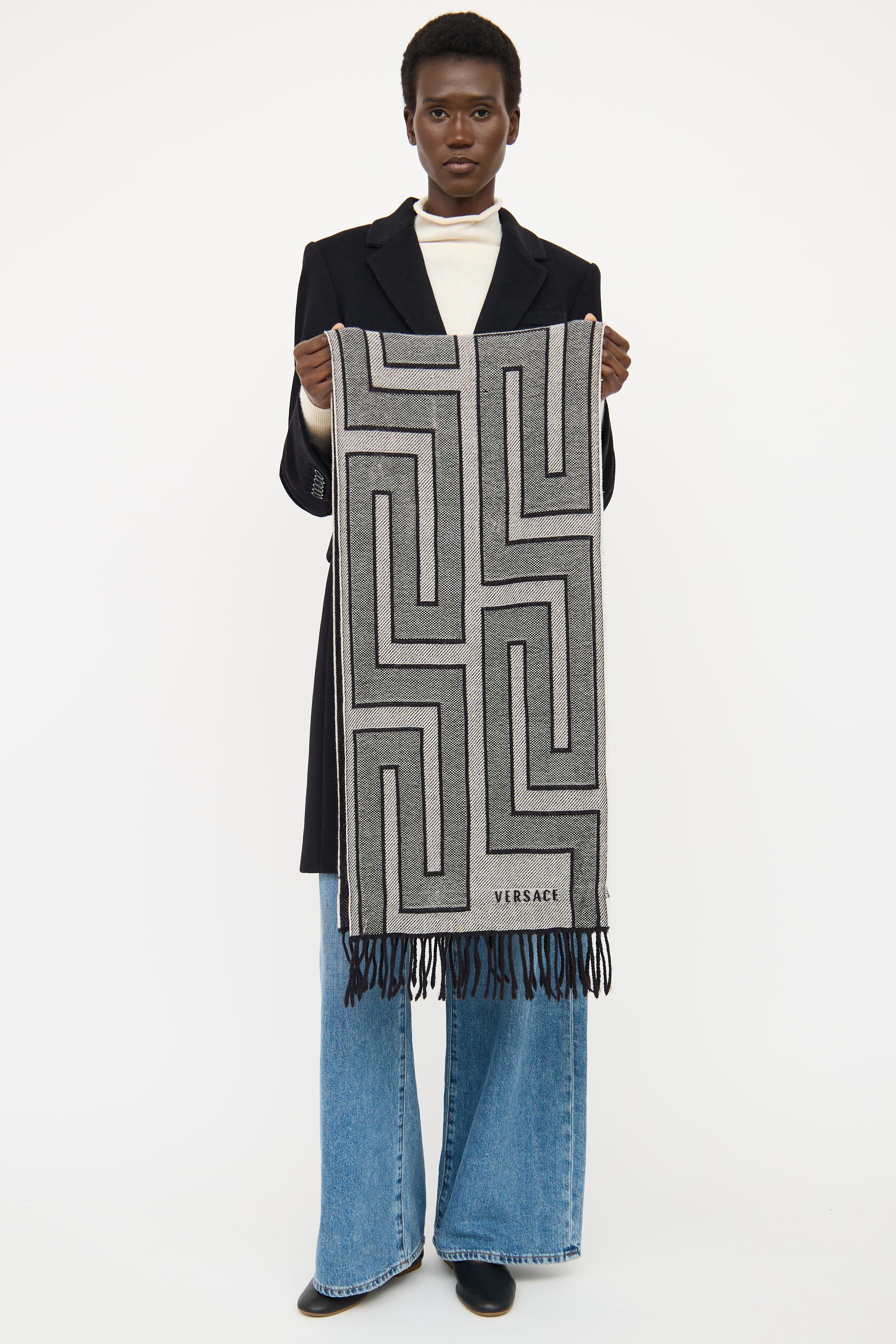 Versace Grey & Black Wool Logo Scarf