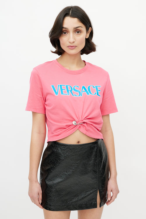 Versace Pink & Blue Gathered Logo T-Shirt