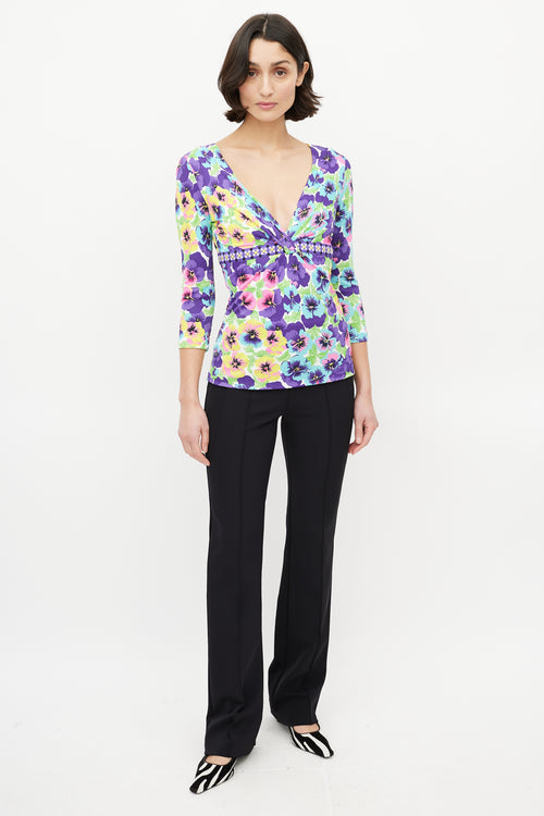 Versace Purple & Multicolour Floral V-Neck Top