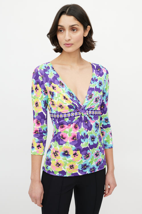 Versace Purple & Multicolour Floral V-Neck Top