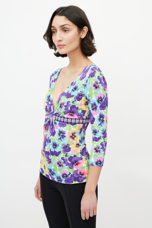 Versace Purple & Multicolour Floral V-Neck Top