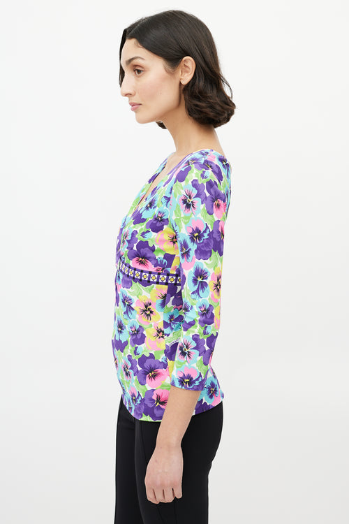 Versace Purple & Multicolour Floral V-Neck Top
