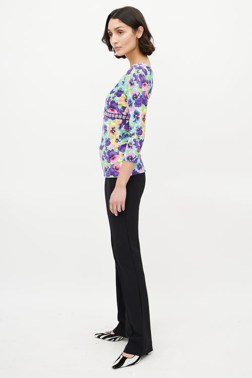 Versace Purple & Multicolour Floral V-Neck Top
