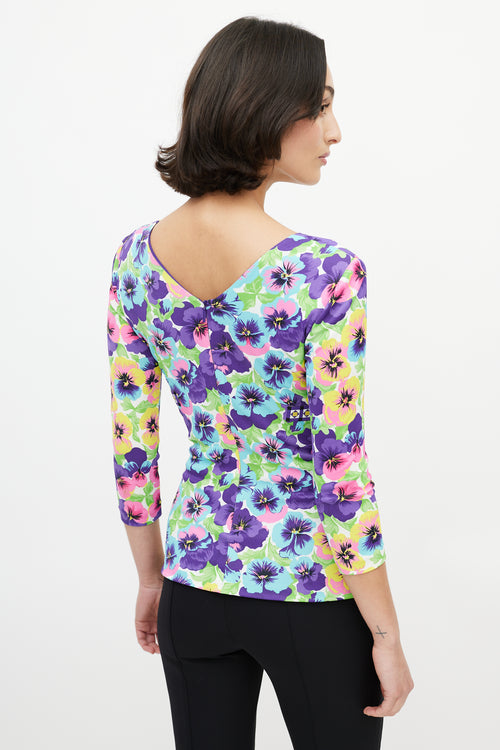 Versace Purple & Multicolour Floral V-Neck Top