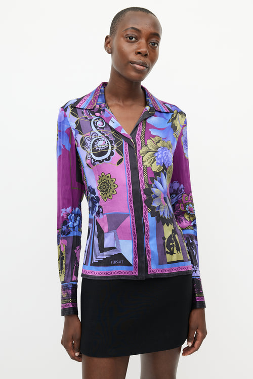 Versace Purple & Multicolour Silk Floral Shirt