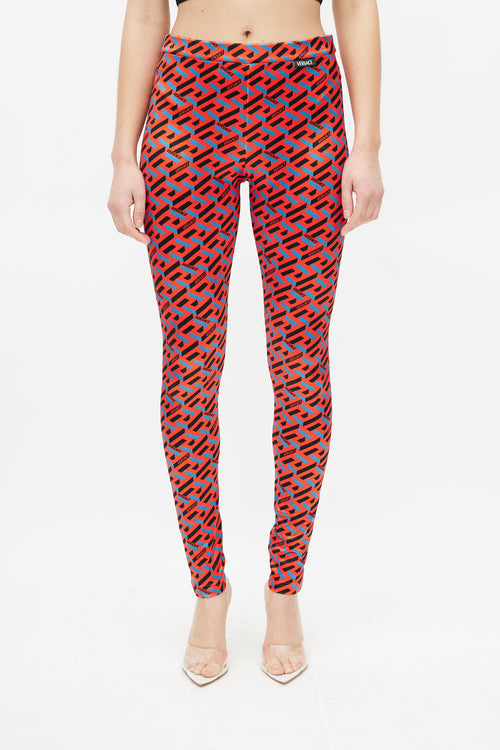 Versace Red & Black Le Greca Logo Legging