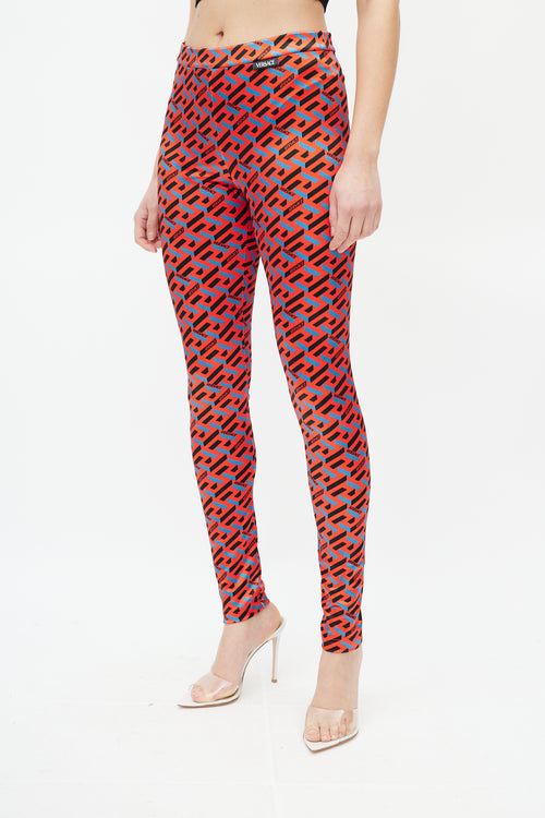 Versace Red & Black Le Greca Logo Legging