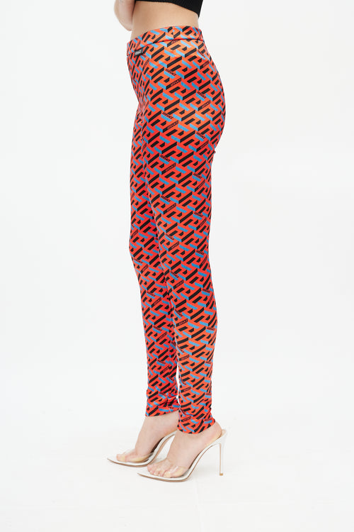 Versace Red & Black Le Greca Logo Legging