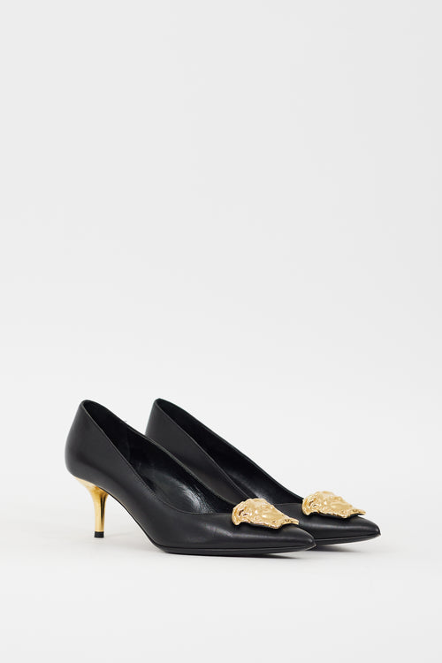 Versace Black & Gold Leather Medusa Palazzo Pump