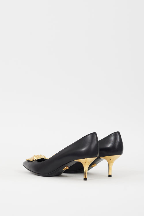 Versace Black & Gold Leather Medusa Palazzo Pump