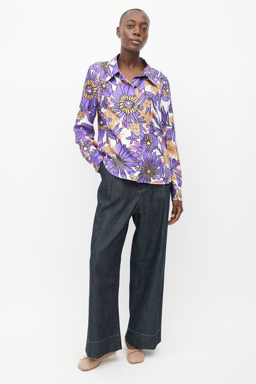 Victoria Beckham Purple & Multicolour Silk Floral Shirt