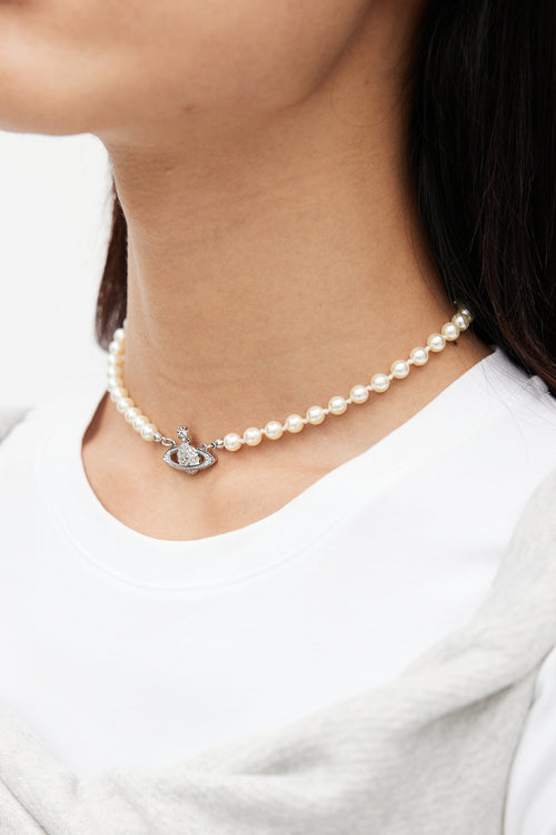 Vivienne Westwood Cream & Silver Pearl Crystal Orb Necklace
