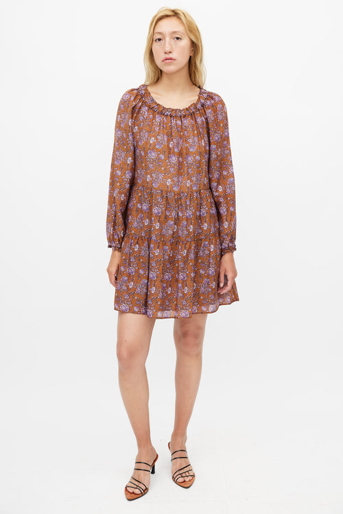 Xirena Brown & Purple Silk Blend Floral Tiered Dress