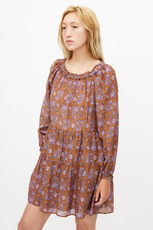 Xirena Brown & Purple Silk Blend Floral Tiered Dress