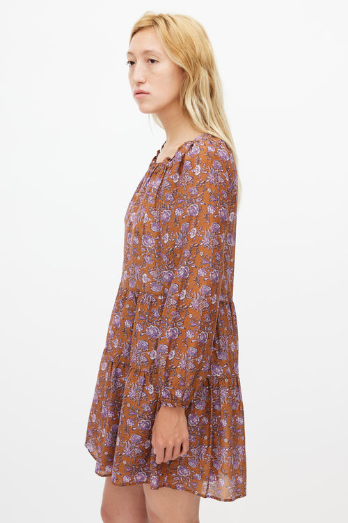 Xirena Brown & Purple Silk Blend Floral Tiered Dress