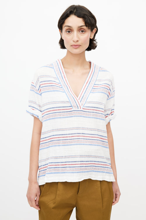 Xirena White, Red & Blue Linen Striped Top