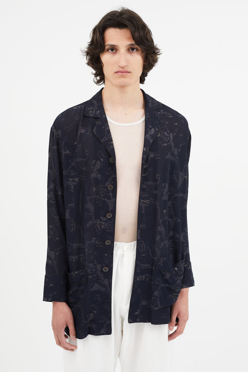 Y's Navy & Gold Metallic Floral Shirt Jacket
