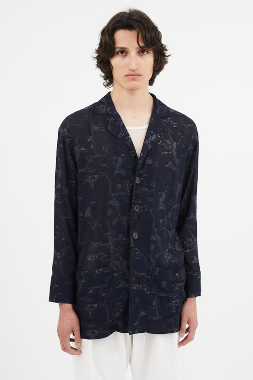 Y's Navy & Gold Metallic Floral Shirt Jacket