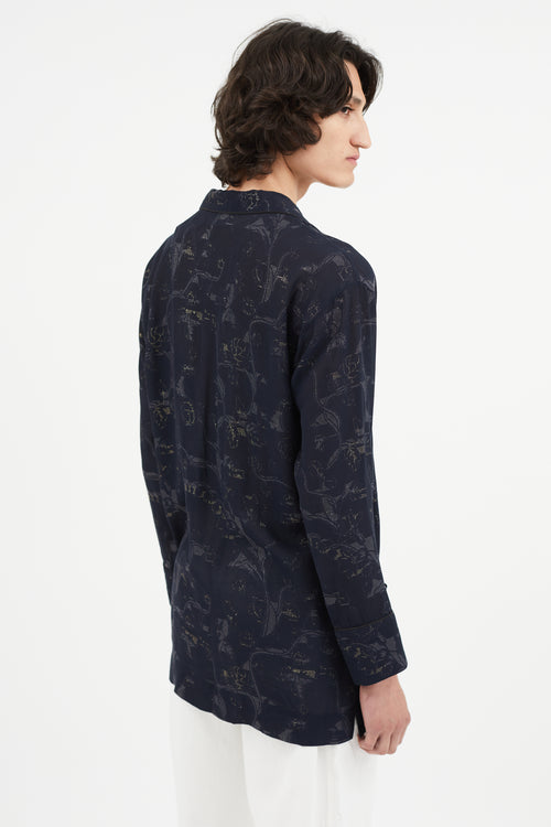 Y's Navy & Gold Metallic Floral Shirt Jacket