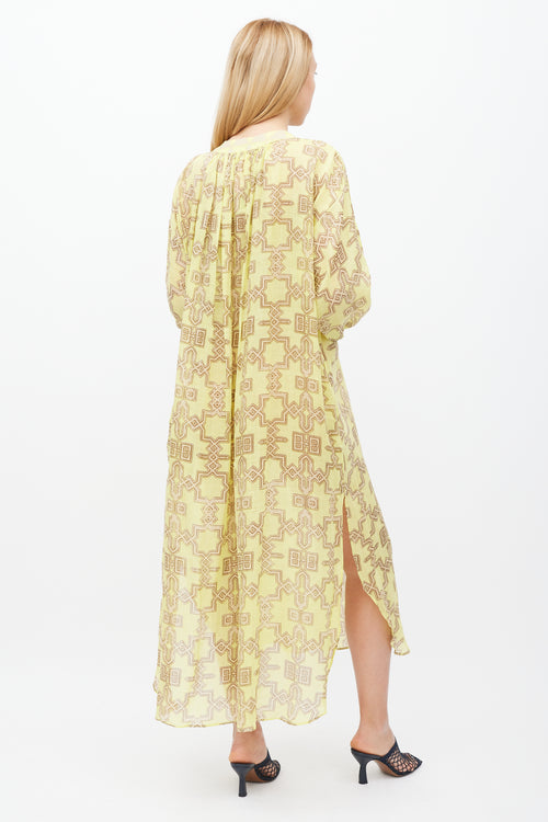 Yvonne S Yellow & Beige Geometric High Low Dress