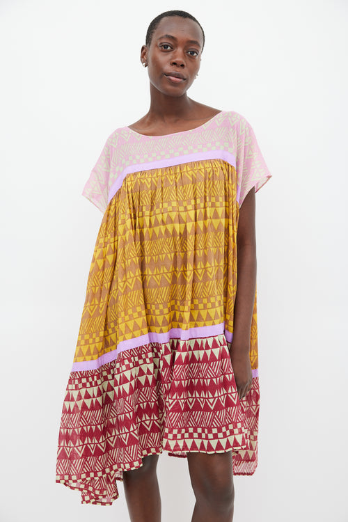 Yvonne S Yellow & Multicolour Wind Geometric Tiered Dress