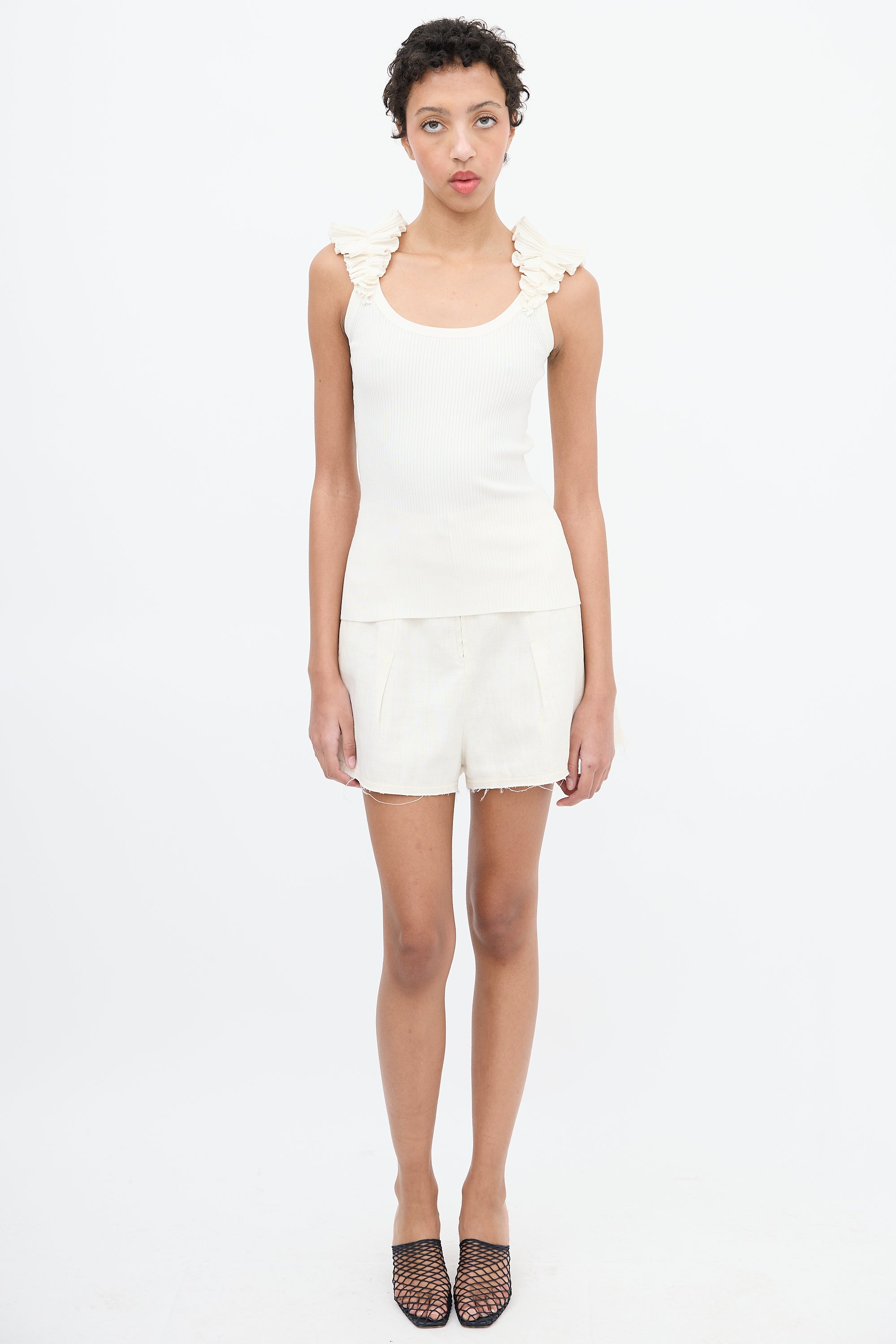Zimmermann Cream Ribbed Ruffle Strap Top