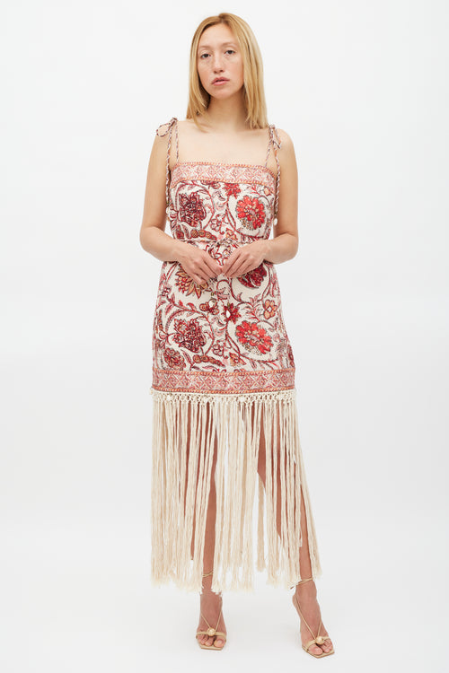 Zimmermann Beige & Red Floral Vitali Fringe Dress
