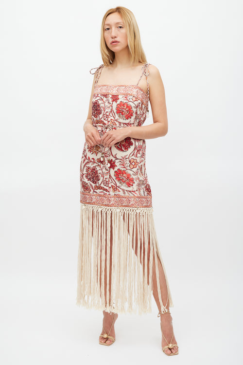 Zimmermann Beige & Red Floral Vitali Fringe Dress