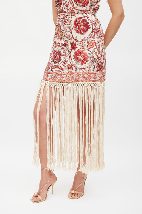 Zimmermann Beige & Red Floral Vitali Fringe Dress