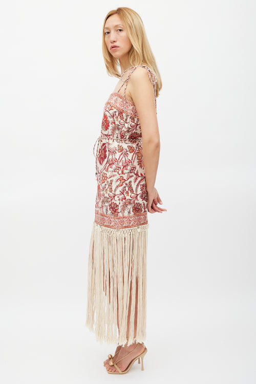 Zimmermann Beige & Red Floral Vitali Fringe Dress
