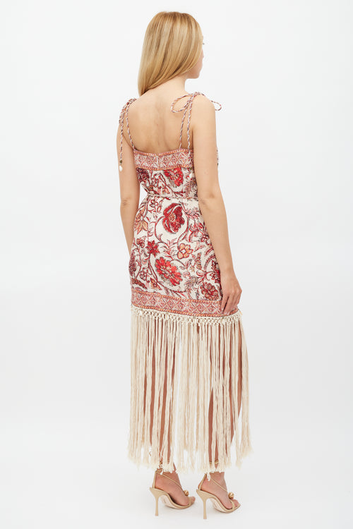 Zimmermann Beige & Red Floral Vitali Fringe Dress