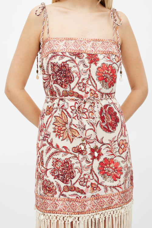 Zimmermann Beige & Red Floral Vitali Fringe Dress