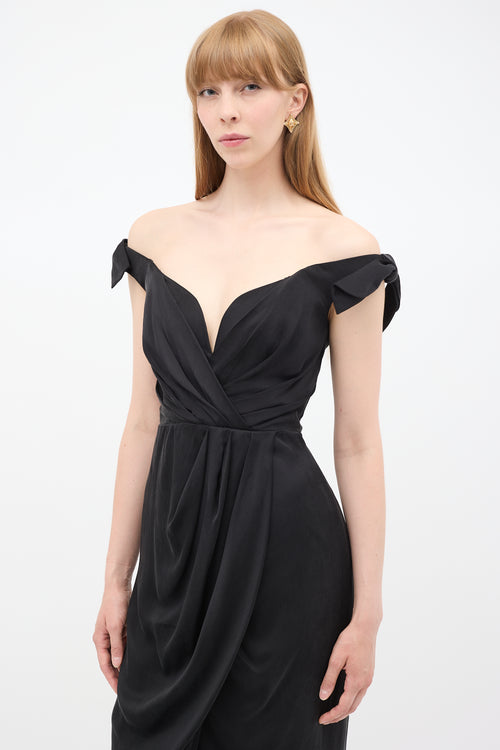 Zimmermann Black Silk Draped Off Shoulder Dress