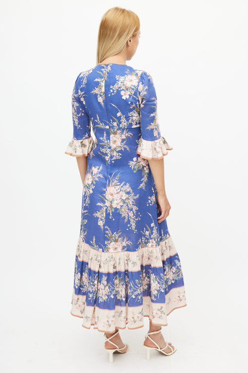 Zimmermann Blue & Multicolour Floral Ruffled Dress