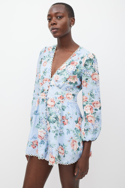 Zimmermann Blue & Multicolour Linen Floral Jumpsuit