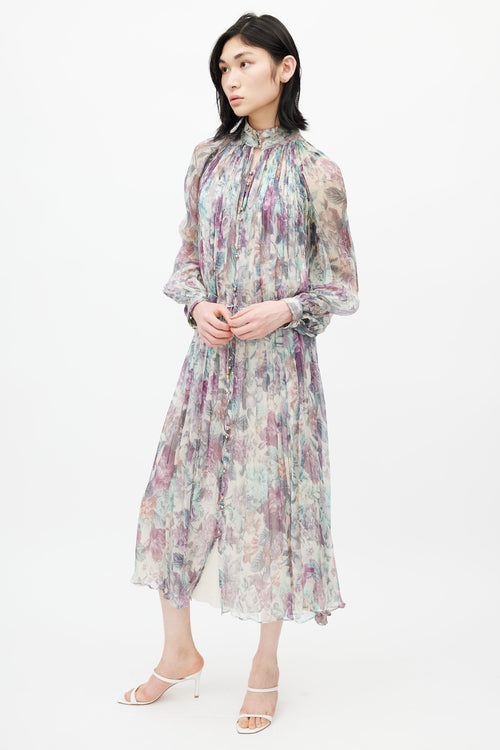 Zimmermann Cream & Multicolour Floral Silk Pleated Dress