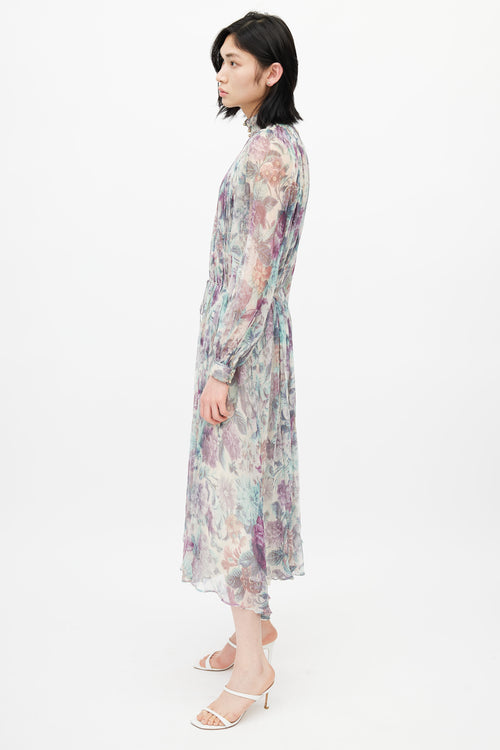 Zimmermann Cream & Multicolour Floral Silk Pleated Dress
