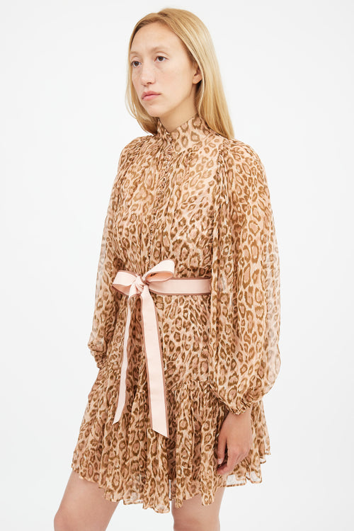 Zimmermann Fall 2019 Brown & Pink Silk Printed Espionage Belted Dress