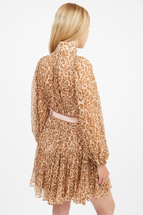 Zimmermann Fall 2019 Brown & Pink Silk Printed Espionage Belted Dress