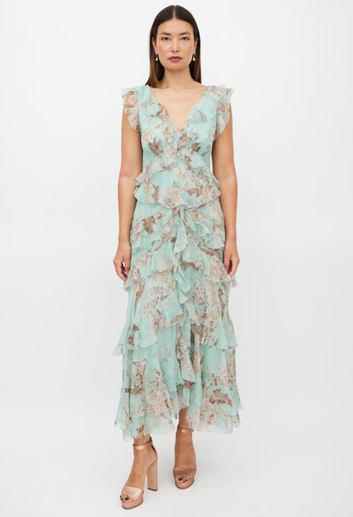 Zimmermann Green & Brown Silk Ruffled Floral Dress