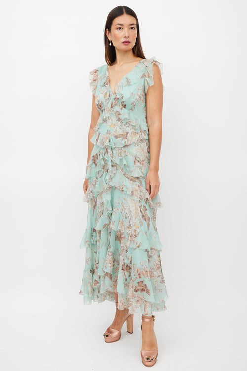 Zimmermann Green & Brown Silk Ruffled Floral Dress