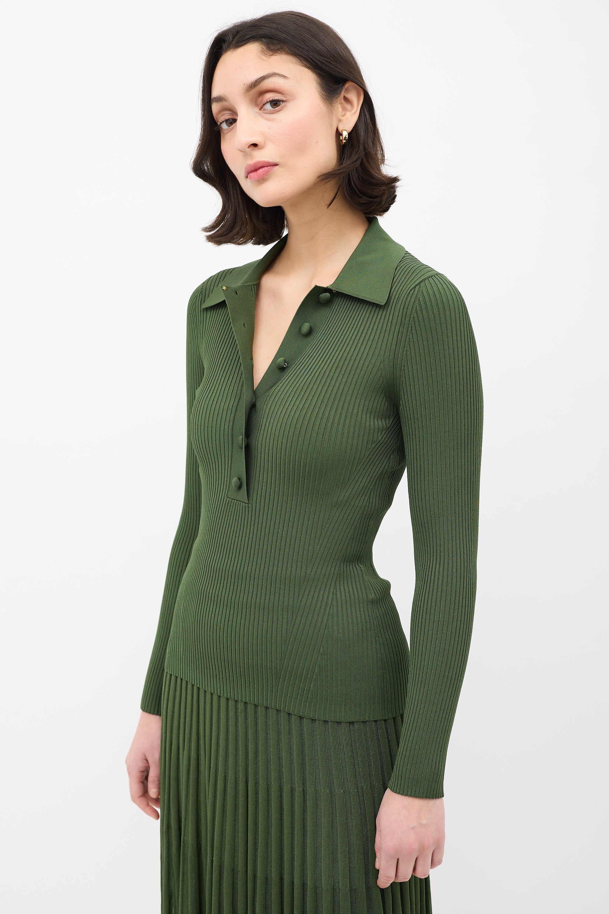 Zimmermann Green Ribbed Knit Collared Top
