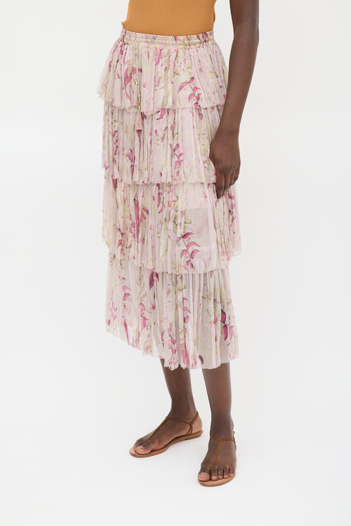 Zimmermann Pink & Multicolour Silk Floral Tiered Skirt