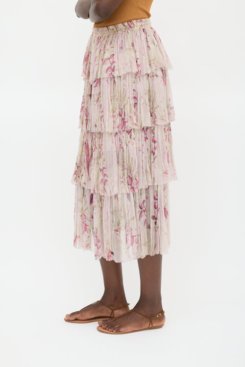Zimmermann Pink & Multicolour Silk Floral Tiered Skirt